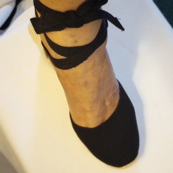 Black Ankle Wrap Wedge Shoes - Picture 1 of 5